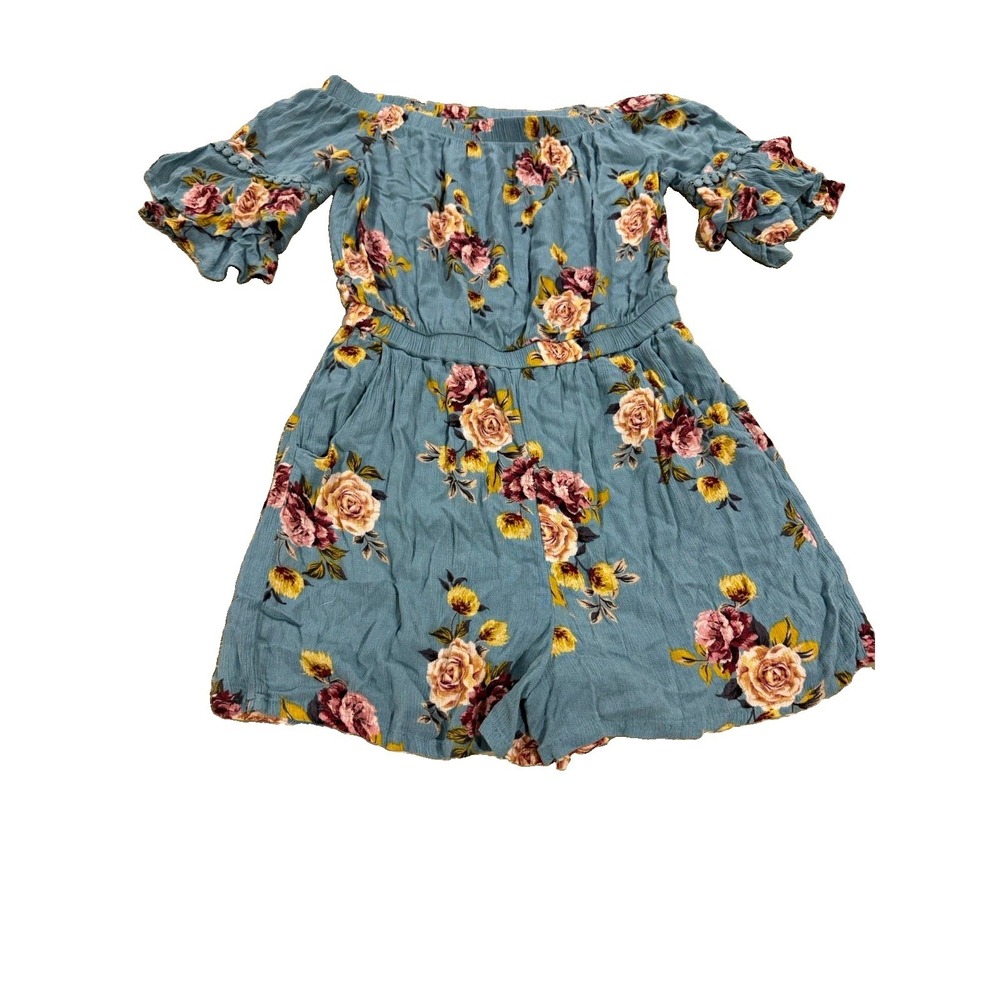 Floral Off Shoulder Romper Shorts Women's Teal Blue Rose Print Ruffle Sleeve